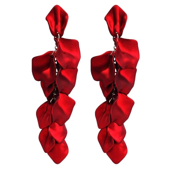 Red Petal Rose Flower Long Drop Dangle Earrings Valentines day earrings - Picture 6 of 6